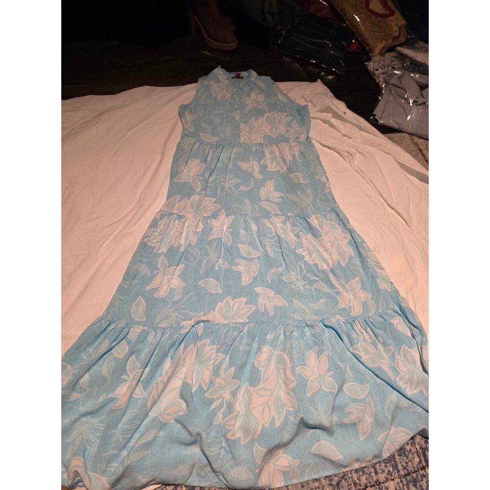 Vince Camuto Blue White Floral Tiered Maxi Dress Sleeveless Ruffle Neck M